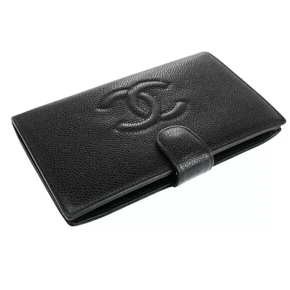 CHANEL CC Logo Long Bifold Wallet Purse Caviar Skin Leather Black France